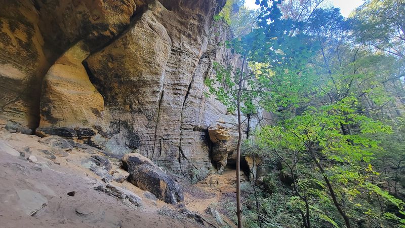 Large sandstone overhang above a sandy trail, with green woods on the right